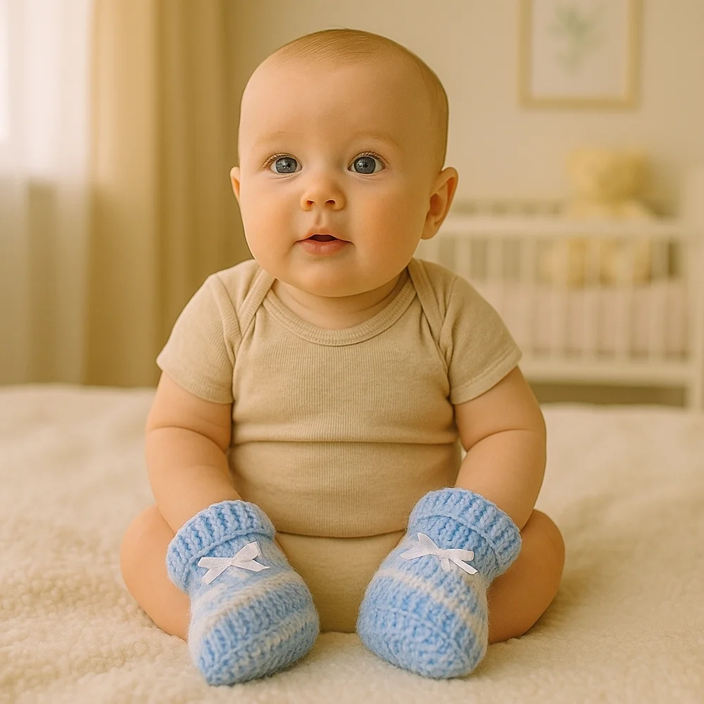 Hand Crafted Crochet Baby Shoes Baby Blue and white Tread & Handmade Bow Ribbon